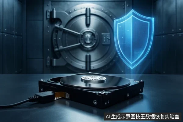 画面前景为一只打开的机械硬盘,盘片与磁头组件清晰可见,左侧连接着SATA数据线和电源线。背景是一扇厚重的金属保险库门,右侧悬浮着一个发光的蓝色盾牌图标,象征数据保护。