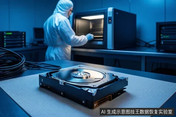 前景桌面上放置一块打开外壳的机械硬盘，可见盘片与主轴；背景为蓝色调实验室，一名穿无尘服的人员正面对一台打开前盖的机架式设备进行操作。