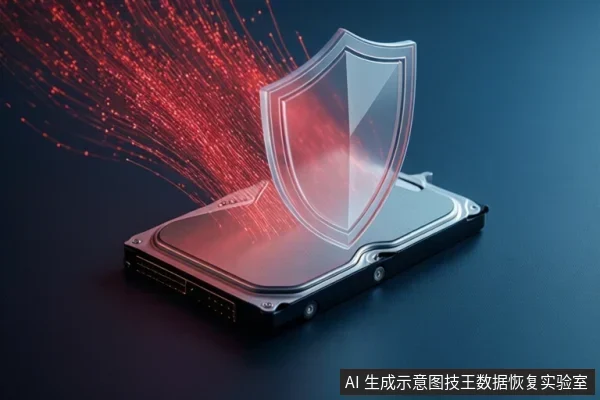 画面中一块机械硬盘平放在深色背景上,上方悬浮着透明盾牌,左侧有红色光线射向硬盘,示意数据保护。