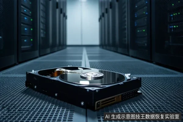 数据中心机房通道地面上,放置着一个打开外壳的机械硬盘,可见盘片、磁头臂和接口。