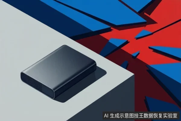 画面中一个深灰色移动硬盘静置在白色台面上,背景为红蓝撞色的抽象几何图形。