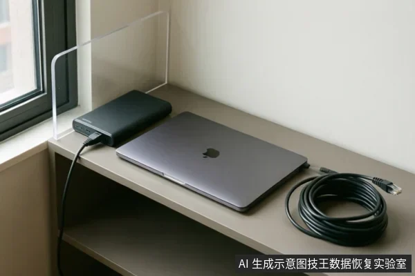 窗边桌面上放着一台合盖的苹果笔记本、一个黑色外接硬盘盒和一根盘绕的网线,硬盘盒已插线。