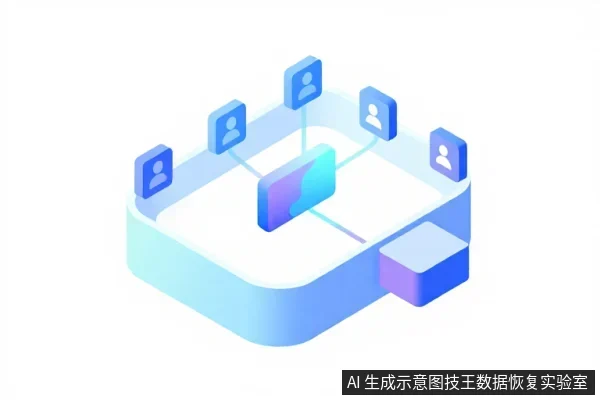 等距视角的云存储示意图,中央为蓝色数据块,四周环绕四个带用户头像的图标,通过线条连接,右侧有一个小方块。