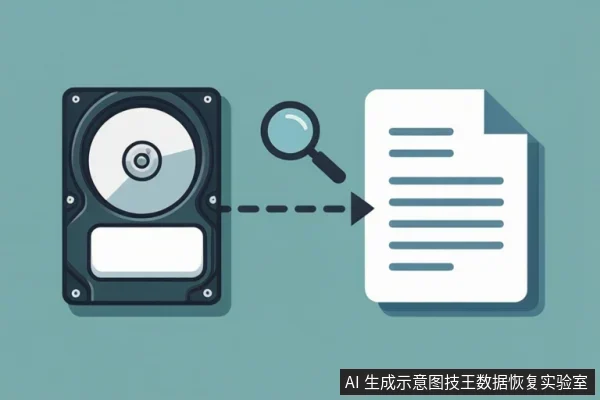 画面左侧为一块机械硬盘,中间有放大镜图标,右侧为一份文档,虚线箭头从硬盘指向文档,示意检测后生成报告。