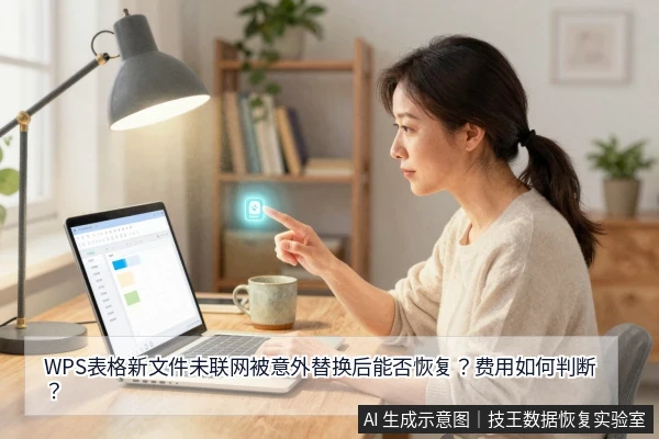一位亚洲女性坐在木桌前使用笔记本电脑,屏幕显示表格,她右手点击屏幕,桌上有台灯和水杯。