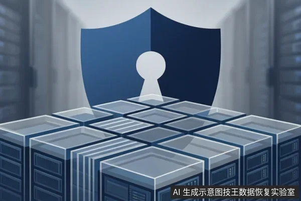 画面中央为多块服务器机箱堆叠成的阵列,上方悬浮一个带钥匙孔的蓝色盾牌图标,背景为模糊的机房机柜。