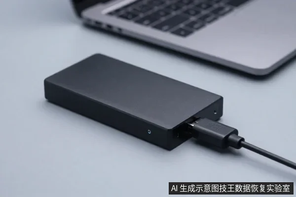 黑色长方形外置硬盘平放在浅色桌面上,一根黑色数据线插在硬盘接口上,背景是一台打开的笔记本电脑。