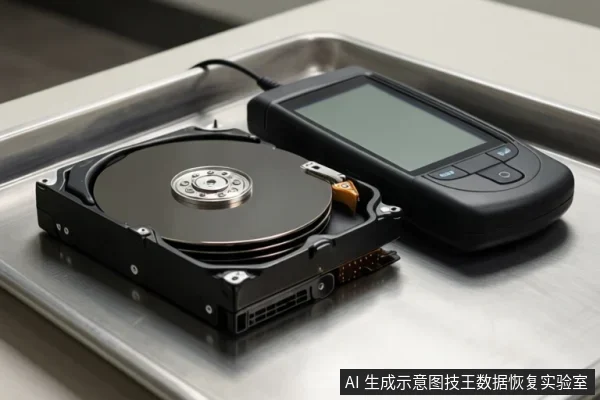 金属托盘上放置一个打开的机械硬盘和一台带屏幕的黑色手持检测仪器,二者通过线缆连接。