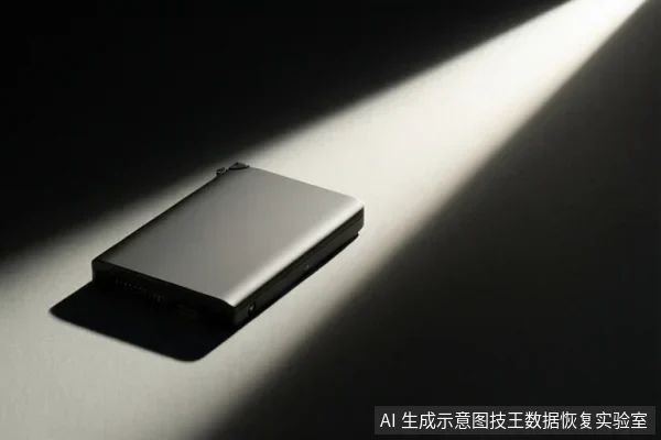 画面中有一个银灰色长方形电子设备,放置在明暗对比强烈的平面上,设备侧面可见接口,整体处于静置状态。
