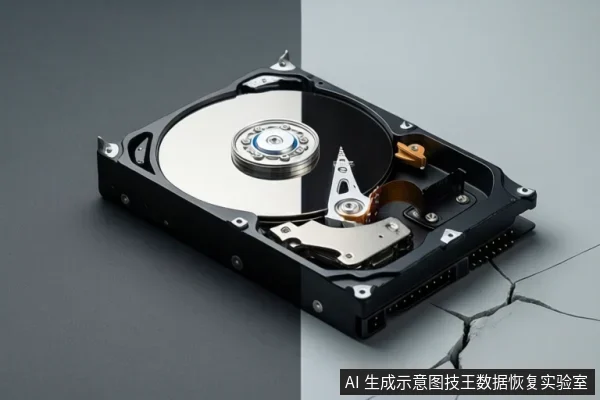 一块打开外壳的机械硬盘，可见盘片、主轴和磁头组件，放置在灰色背景上，右下角有裂纹效果。