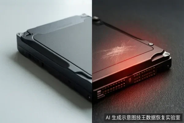左右分屏展示两块黑色硬盘，左侧硬盘表面平整，右侧硬盘表面有明显划痕，接口处可见针脚，背景为深色纹理表面。