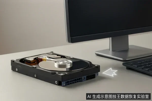 桌面上放置一块开盖的机械硬盘,旁边有显示器和键盘,硬盘右侧有一个发光的鼠标指针图标。
