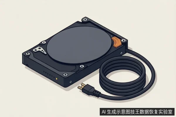 画面展示一个黑色机械硬盘,盘片与磁头组件清晰可见,旁边盘绕着一根SATA数据线。背景为纯色,无其他干扰元素。