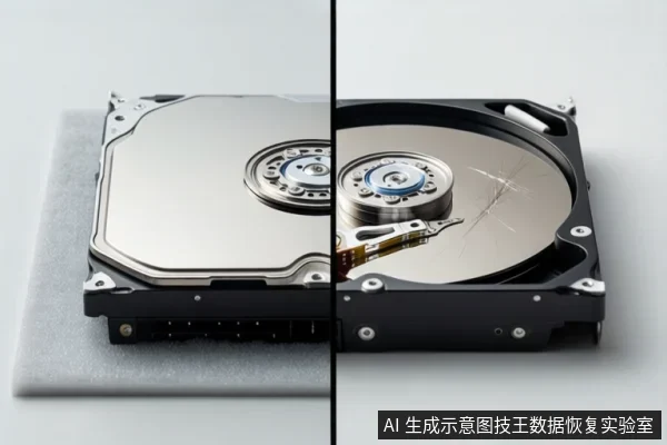 机械硬盘对比图:左侧为带金属顶盖的完整硬盘,右侧为打开顶盖、可见盘片、主轴和磁头组件的硬盘,盘片表面有划痕。