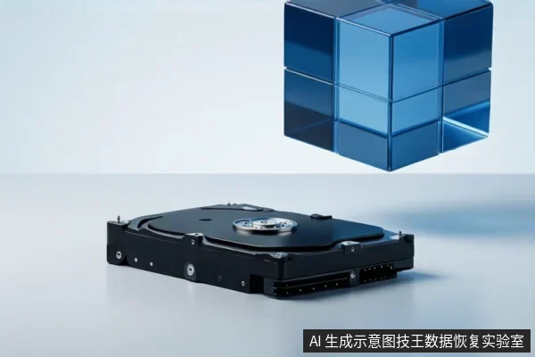 画面下方为一只黑色机械硬盘平放于浅色台面,上方悬浮一组蓝色透明立方体,背景简洁。