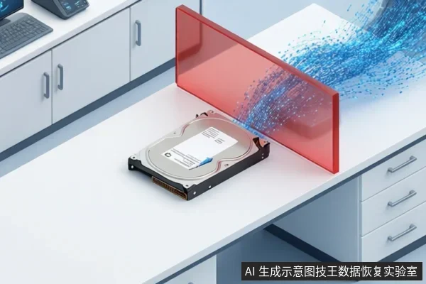 白色桌面上放置一块机械硬盘,旁边立着一块红色半透明挡板,蓝色粒子流从挡板一侧穿过,背景为白色柜体。