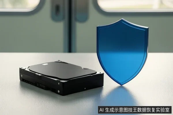 桌面上放置一块裸露的机械硬盘，旁边立着一个蓝色盾牌图标，背景为模糊的室内环境。