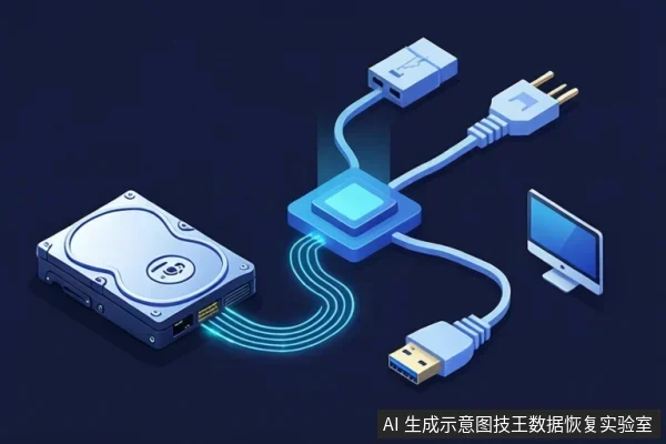 蓝色等距插画中，一块硬盘通过发光线缆连接至中央芯片模块，模块再分别连接USB插头、电源插头和电脑显示器。