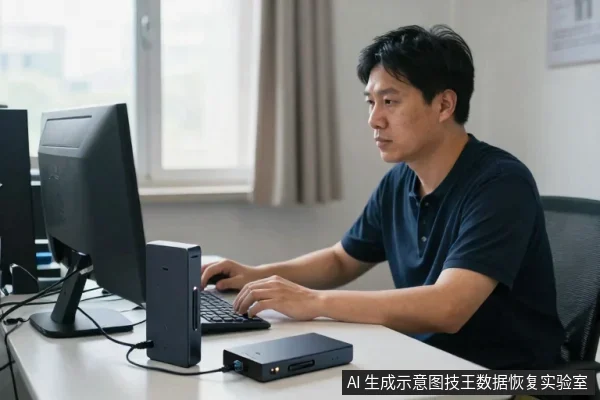 一名亚洲成年男子坐在办公桌前,双手放在键盘上操作,面前有显示器、小型主机和一台黑色外置硬盘盒。