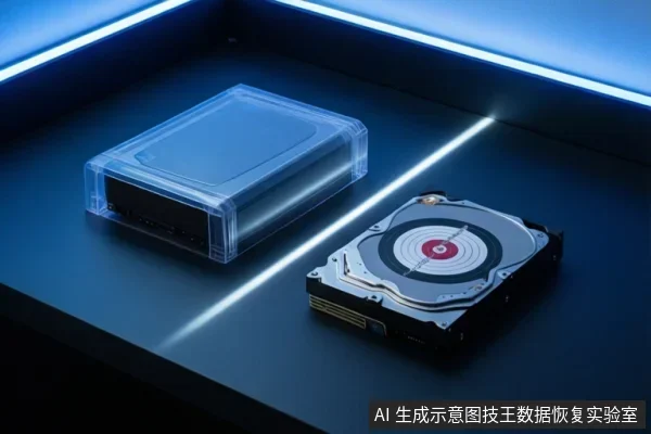 深色桌面上放着一个透明外壳的硬盘盒和一块裸露的机械硬盘,背景有蓝色灯带。