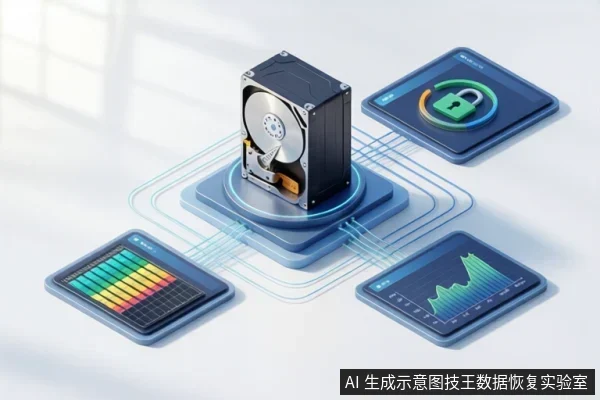 一个机械硬盘位于中央平台上，周围连接三个悬浮面板，分别显示锁形图标、彩色条形图和绿色波形图，整体为数据检测与安全的示意插画。