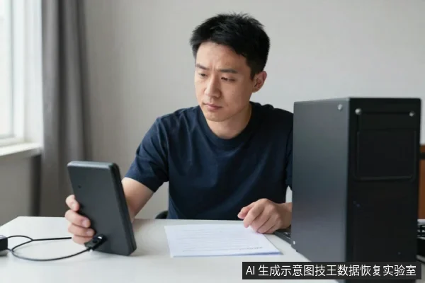 一名亚洲男子坐在桌前，左手拿着连接数据线的黑色外置硬盘，右手放在文件上，旁边有台式电脑主机。