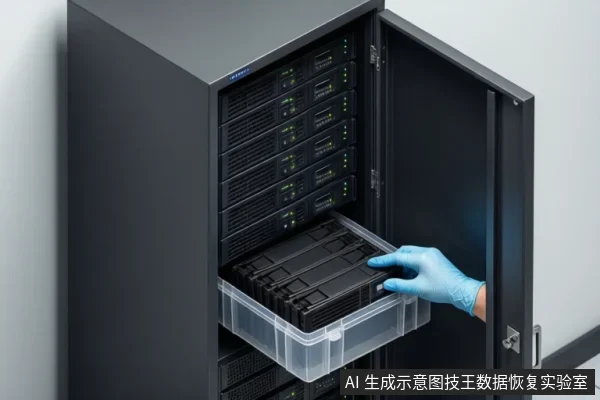机柜内有多台机架式服务器,一只戴蓝色手套的手正从透明塑料盒中取出一块黑色硬盘。