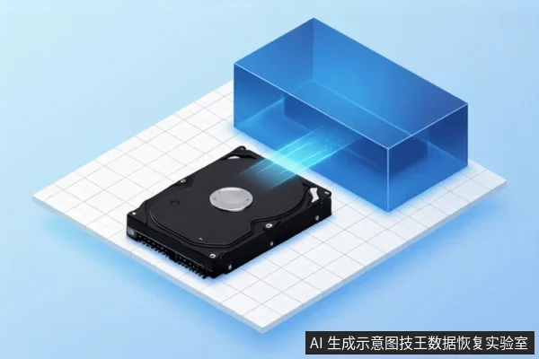 画面中一块黑色机械硬盘平放在白色网格板上,右上方悬浮一个蓝色透明长方体,内部有蓝色光束射向硬盘中心。