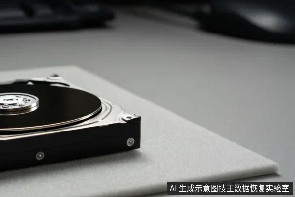 一块打开顶盖的机械硬盘平放在白色垫板上,可见黑色盘片与中心主轴,背景为灰色桌面及模糊外设。