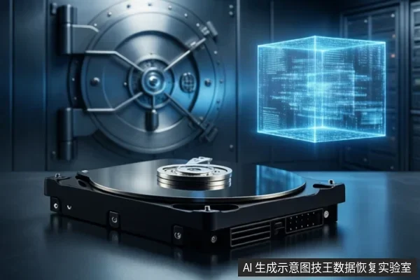 画面前景为一只打开的机械硬盘，可见盘片与磁头组件；背景左侧是金属保险库门，右侧悬浮一个蓝色发光数据立方体，整体呈现数据恢复与存储安全的示意场景。