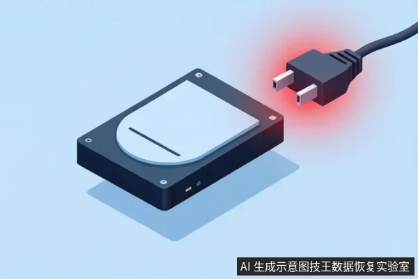 画面中展示了一个黑色的移动硬盘,旁边有一个发着红光的电源插头,暗示设备正在通电或存在供电问题。