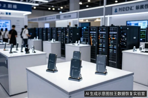 展会现场白色展台上竖立展示多块黑色SSD,后方排列着多台黑色服务器机柜,背景有参观者走动。