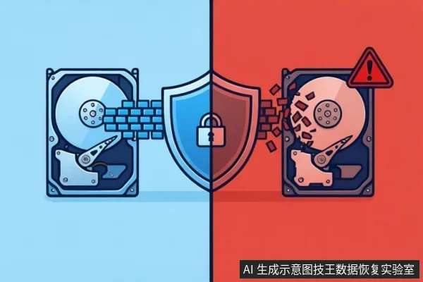 画面左右分为蓝红两区,左侧硬盘通过蓝色链条连接带锁盾牌,右侧硬盘碎裂并出现红色警告标志。