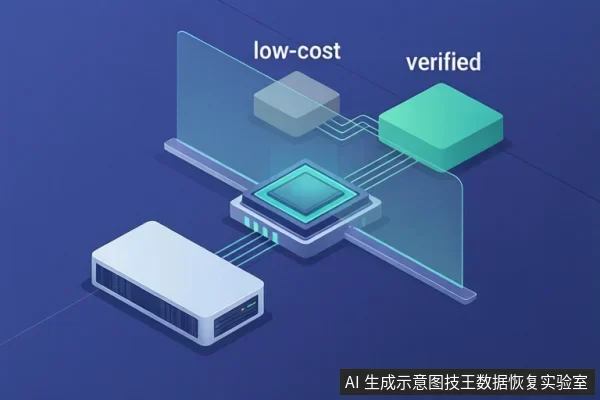 蓝色背景上的等距示意图,展示一个白色移动硬盘通过连线接入中央芯片模块,上方有标注“low-cost”和“verified”的方块。