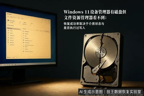 文章内容场景示意图：Windows 11设备管理器有磁盘但文件资源管理器看不到：恢复成功率取决于介质状态与是否执行过写入