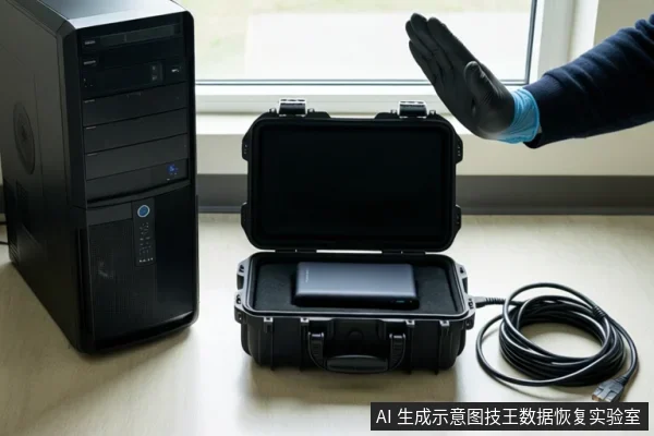 桌面上有一台黑色塔式主机、一个打开的黑色防护箱,箱内放着一块硬盘,旁边有一根盘绕的线缆;右侧一只戴黑色手套的手做出停止手势。