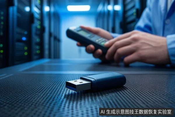 机房环境中，前景桌面上放置一个黑色U盘，背景中有人手持黑色手持设备进行操作。