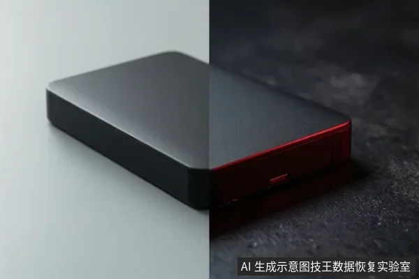 画面分为左右两部分，左侧为白色背景下的黑色矩形存储设备，右侧为深色背景下的同款设备，侧面带有红色装饰条和接口。