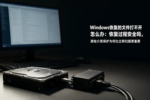 文章内容场景示意图:Windows恢复的文件打不开怎么办:恢复过程安全吗,原始介质保护为何比立即扫描更重要