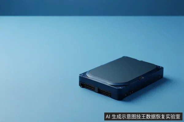 一块闭合的机械硬盘放在蓝色台面上,前端可见电源与数据接口,背景为纯色。