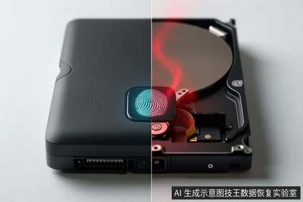 黑色移动硬盘与裸露机械硬盘盘体拼接,左侧表面有指纹图标,右侧盘片上方有红色烟雾状图形。