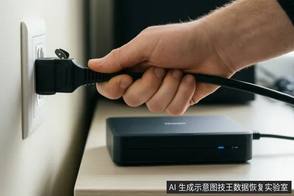 一只手握住黑色电源插头，正将其插入墙上的白色插座；桌面上放着一台黑色外置存储设备，右侧连接线缆，设备上有蓝色指示灯。
