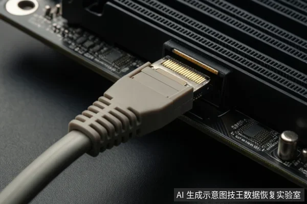 一根灰色SATA数据线插头正插入主板后置接口，接口金手指与卡扣结构清晰可见，周围为PCB板与散热片。