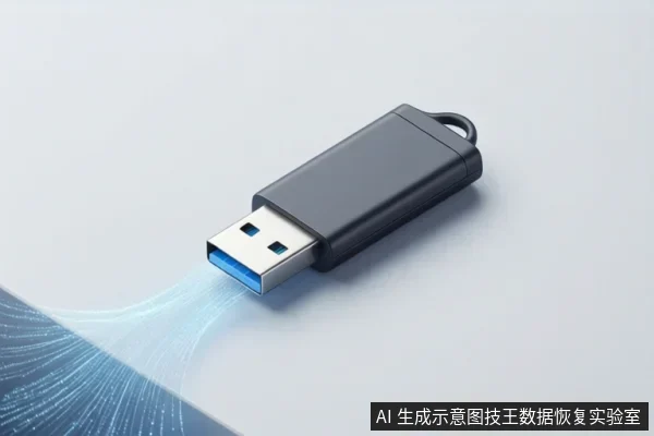 画面中展示了一个黑色的USB闪存盘,其金属接口内部呈现蓝色,左下角有抽象的蓝色数据流光效。