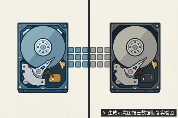 画面左右各有一个打开外壳的机械硬盘,可见盘片、主轴和磁头臂;中间由多格方块连接,示意两个硬盘之间的数据通道。
