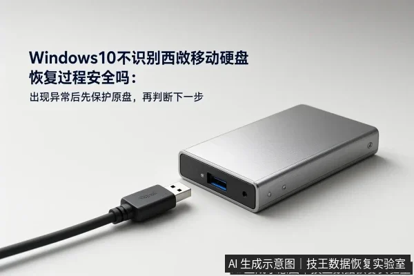 文章内容场景示意图：Windows10不识别西数移动硬盘 恢复过程安全吗：出现异常后先保护原盘，再判断下一步