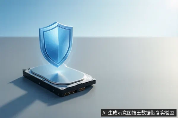 画面中一块硬盘平放在浅色台面上,上方悬浮一个蓝色盾牌图标,象征数据保护。
