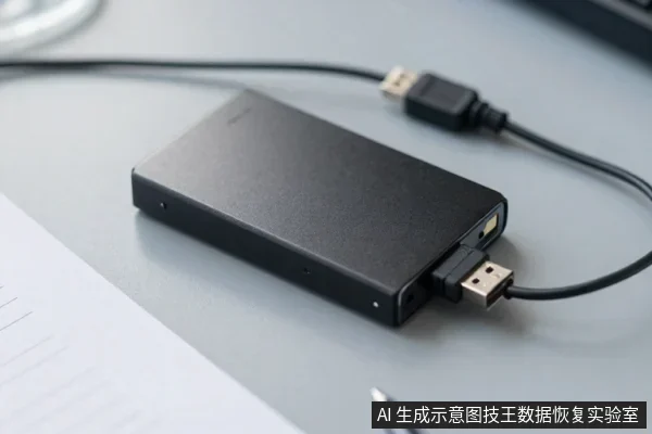 灰色桌面上放置一个黑色长方形外置硬盘盒,USB数据线插在硬盘盒接口上,线缆延伸至画面外,旁边有纸张和笔。