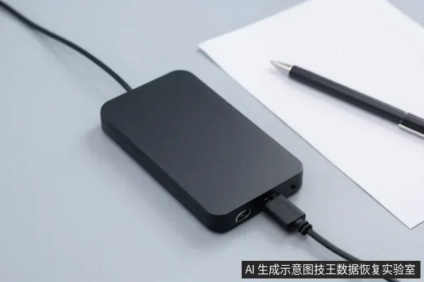 灰色桌面上放着一块黑色长方形外置硬盘,顶部连有黑色线缆,侧面接口插着USB线,旁边有白纸和一支黑色笔。