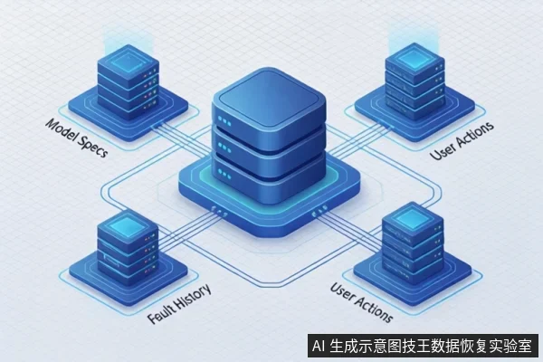 蓝色等距风格示意图,中央服务器节点通过连线连接四个外围节点,分别标注Model Specs、Fault History、User Actions等英文标签。